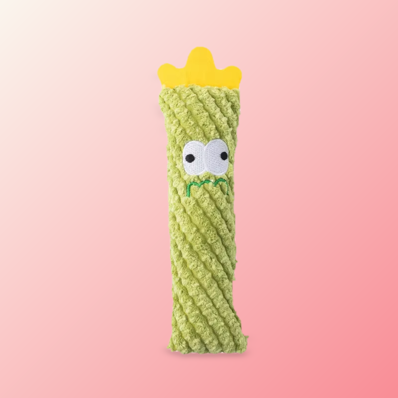 Green ribbed plush stick catnip toy with a yellow crown top