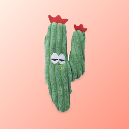 Green plush cactus catnip toy with red flowers and sleepy eyes
