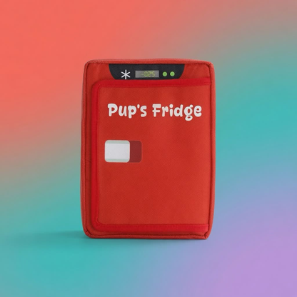Red plush Pup's Fridge burrow dog toy standing upright
