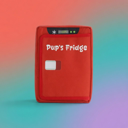 Red plush Pup's Fridge burrow dog toy standing upright