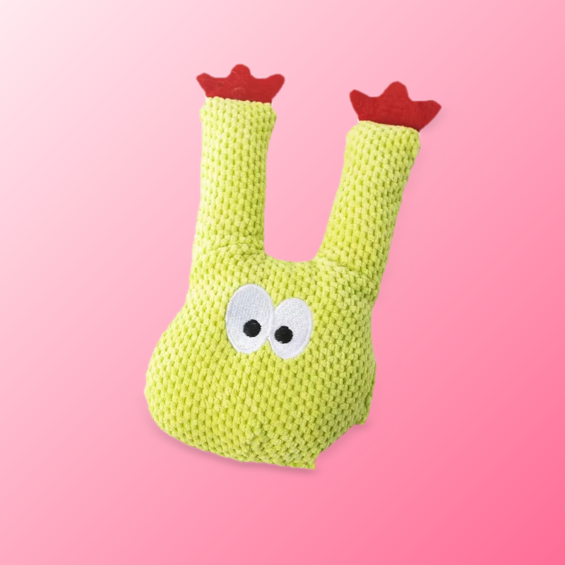 Lime green plush catnip toy with red-tipped ears and googly eyes